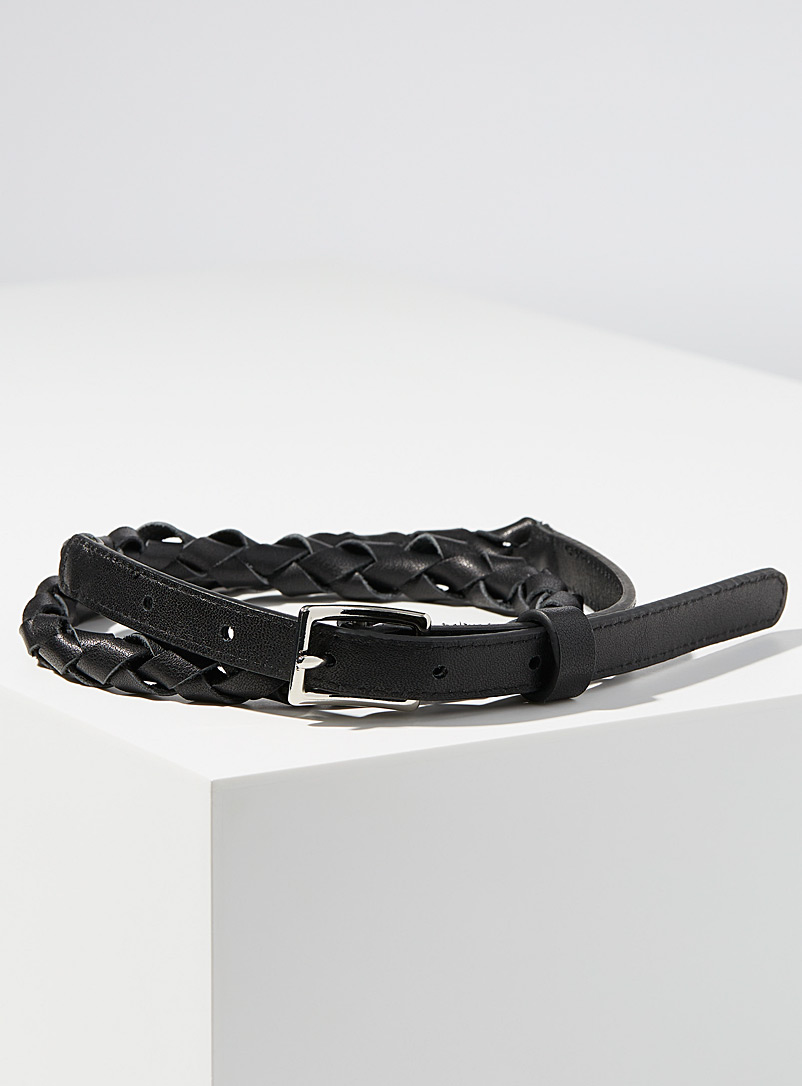 Simons Black Small buckle thin braided belt for women