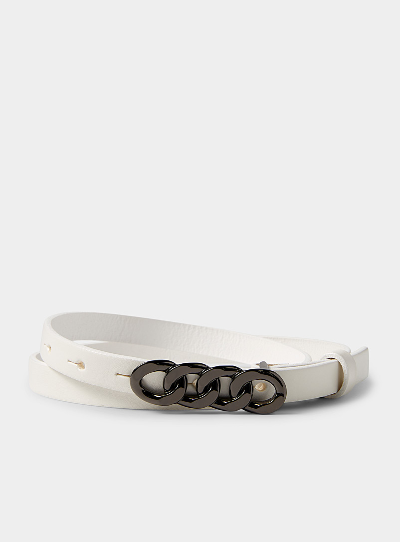 Simons White Chain-buckle skinny leather belt for women