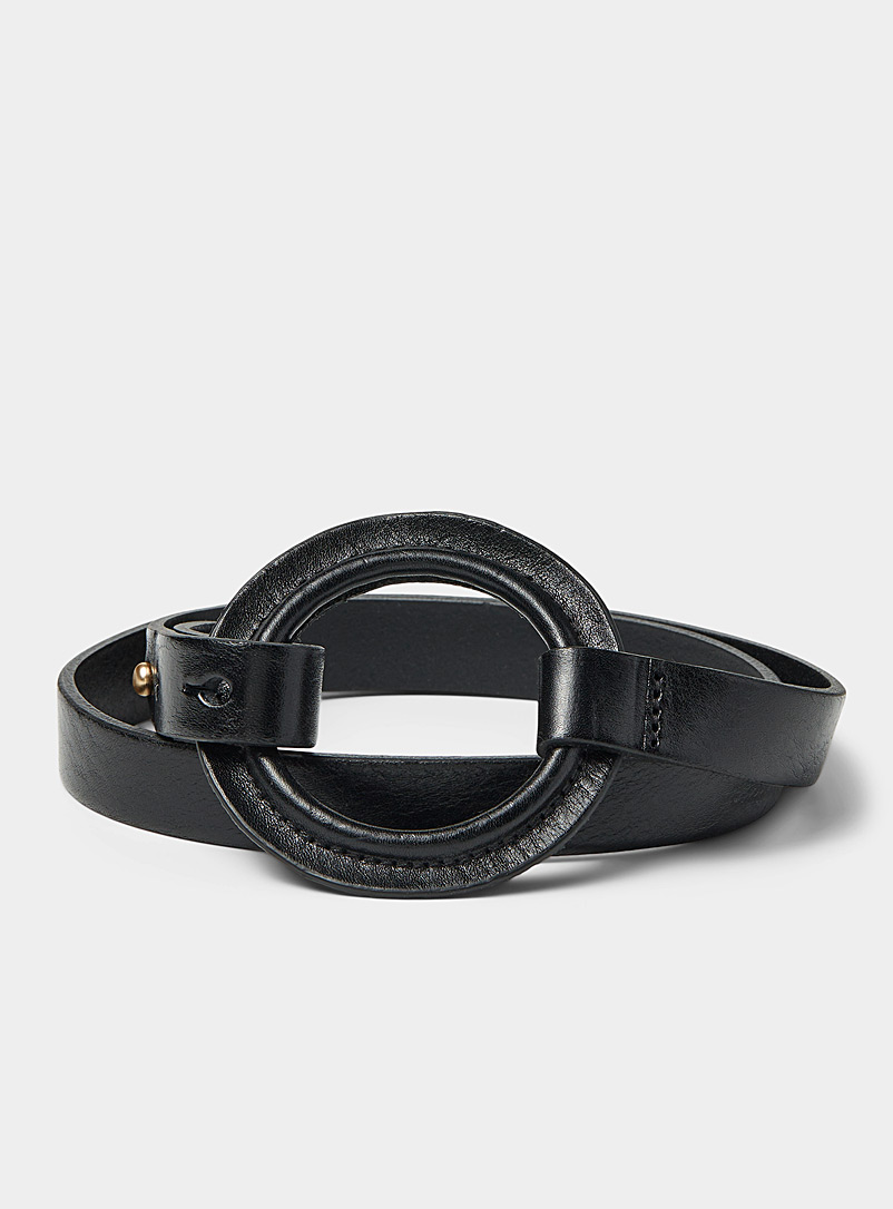 Simons Black Leather O-ring thin belt for women