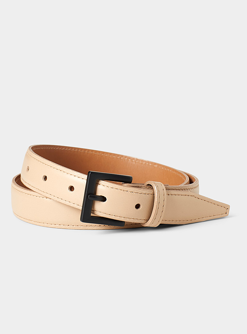 Simons Cream Beige Black square buckle leather belt for women