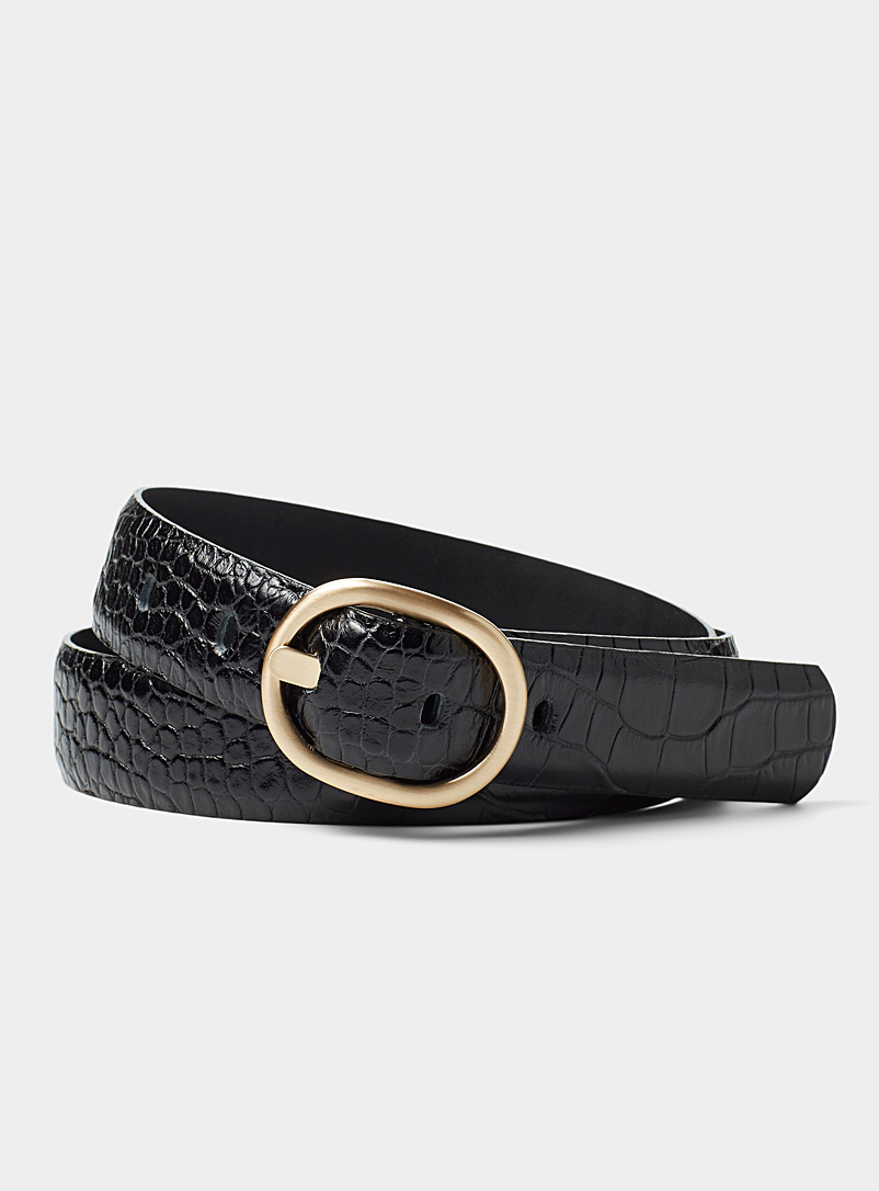 Simons Black Shiny faux-croc leather belt for women