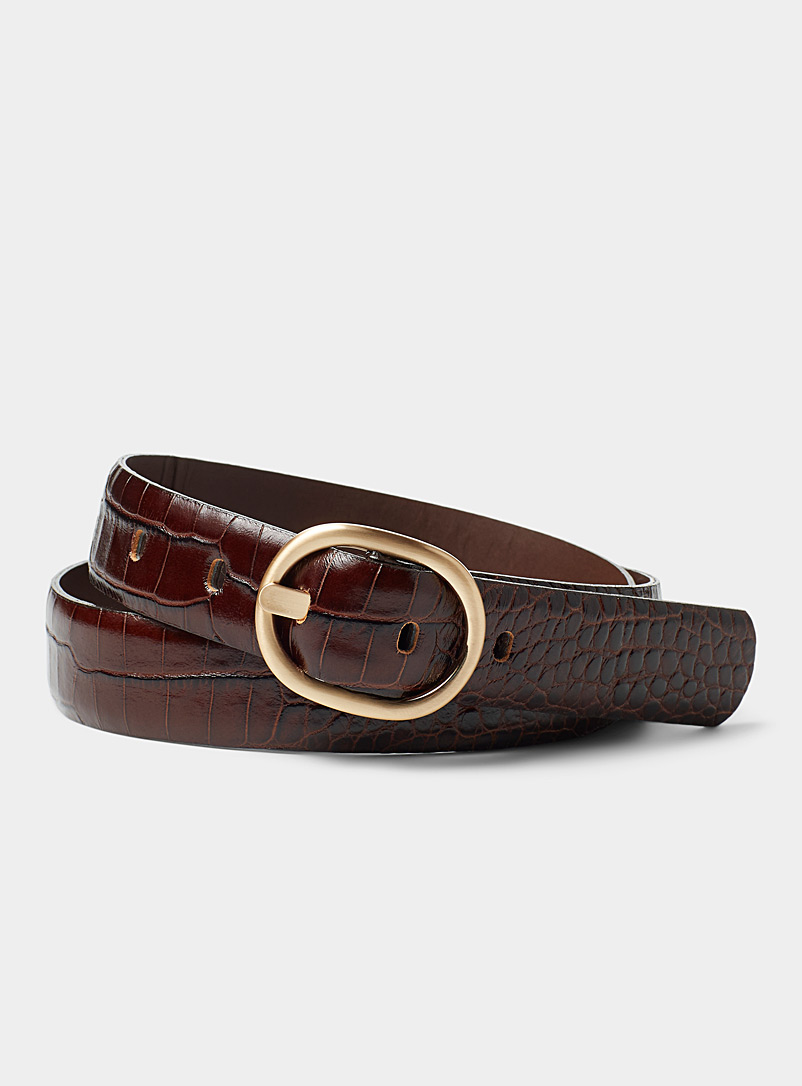 Simons Dark Brown Shiny faux-croc leather belt for women
