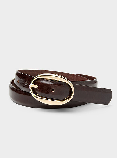 Simons Chocolate/Espresso Oval-buckle shiny textured leather belt for women