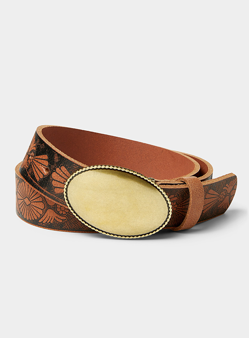 Simons Brown Western-print leather belt for women