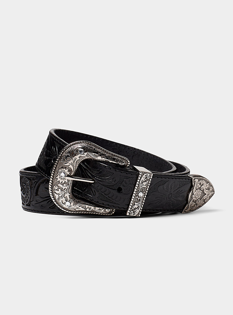 Le 31 Black Embellished crystal Western belt for men