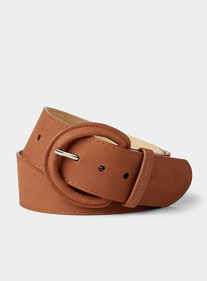 Simons Brown Wide topstitched leather belt for women