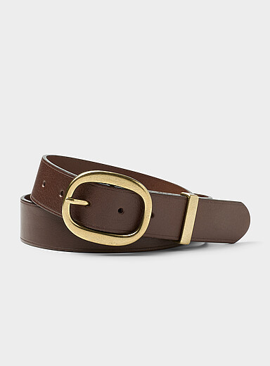 Oval brass buckle smooth leather belt