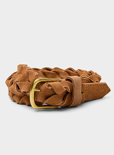 D-buckle braided textured suede belt