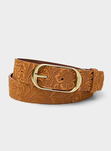 Simons Honey/Camel Embossed embellishment suede belt for women