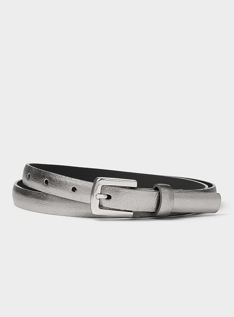 D-buckle metallic leather thin belt product image (primary)