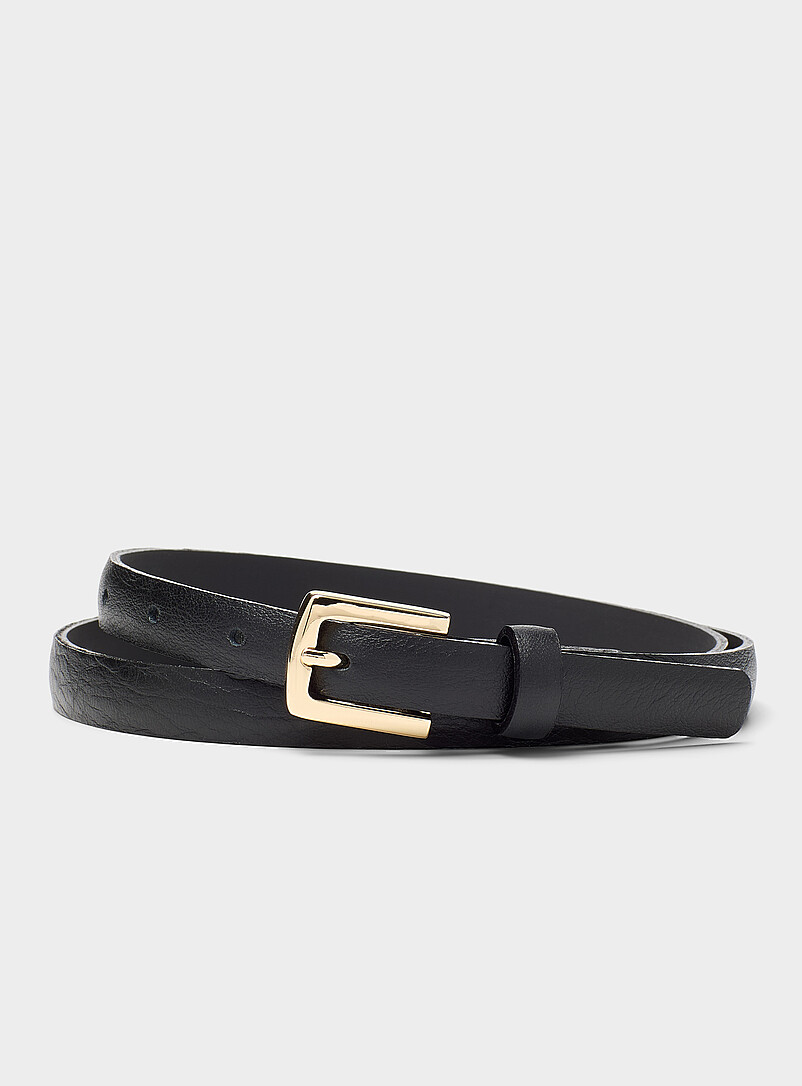 Gold square-buckle textured leather thin belt product image (primary)
