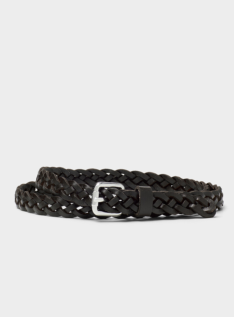 Square-buckle braided leather thin belt product image (primary)