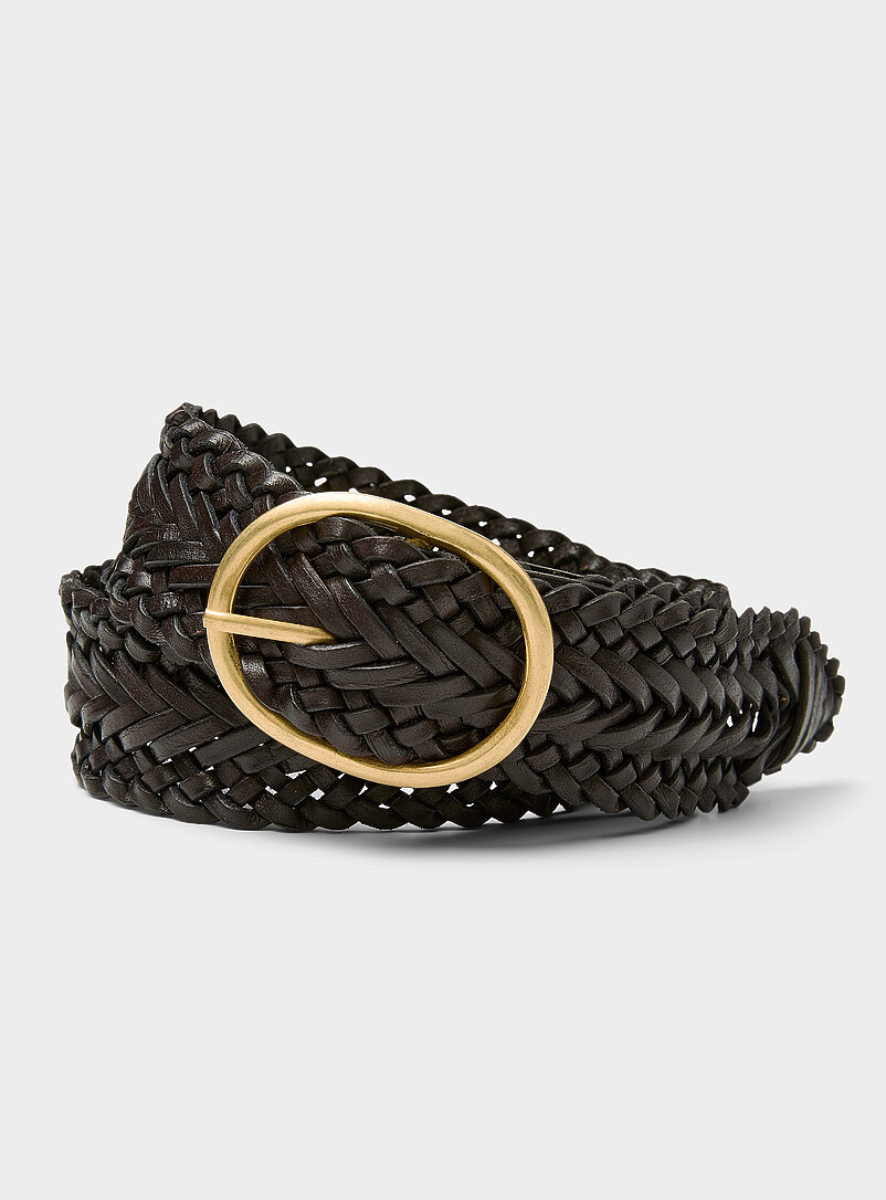 Oval-Buckle Wide Braided-Strap Leather Belt