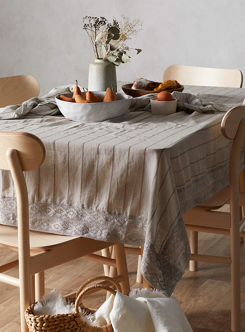 Simons Maison Light Grey Openwork-stripe organic cotton tablecloth