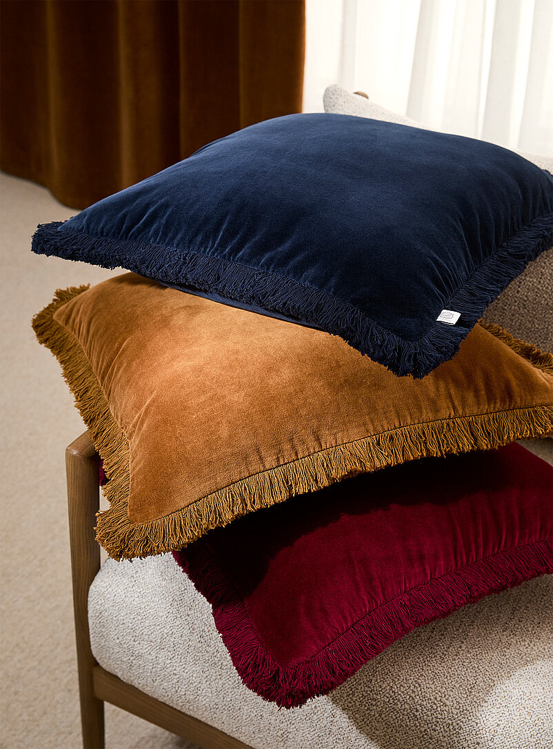 Simons Maison: Le coussin d&eacute;houssable frang&eacute; velours somptueux 50 x 50 cm Miel - Chameau