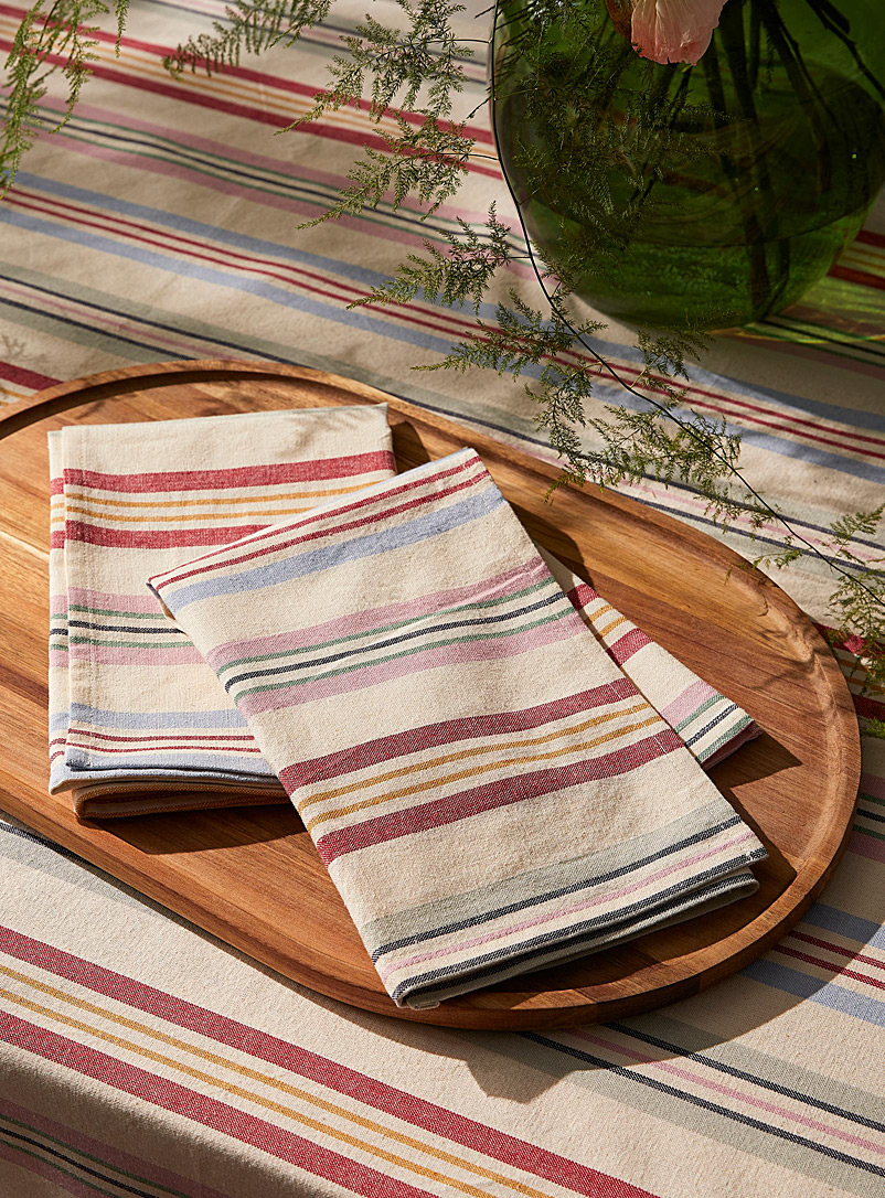 Simons Maison: Les serviettes de table coton recyclé rayures colorées Ensemble de 2 Écru à motifs