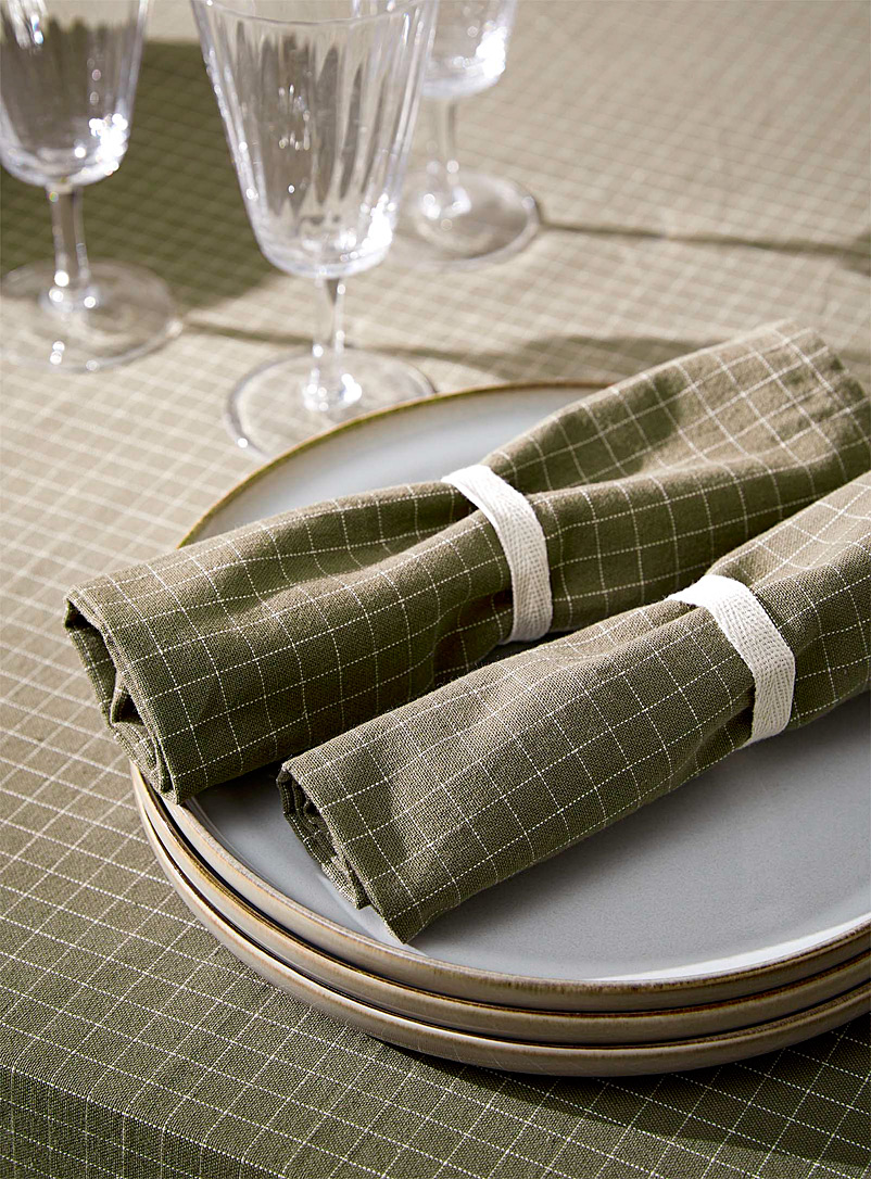 Simons Maison: Les serviettes de table coton recyclé kaki carreaux fenêtre Ensemble de 2 Vert à motifs
