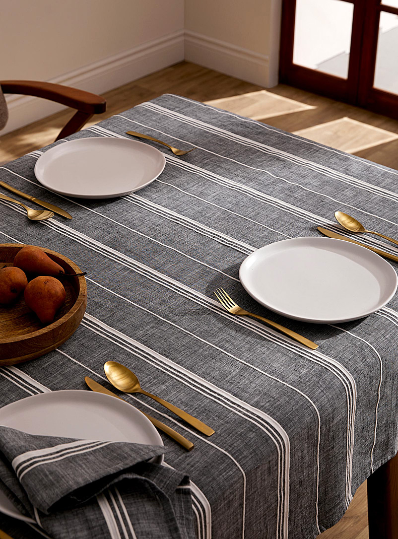 Simons Maison Black and White Faux-denim stripes organic cotton tablecloth