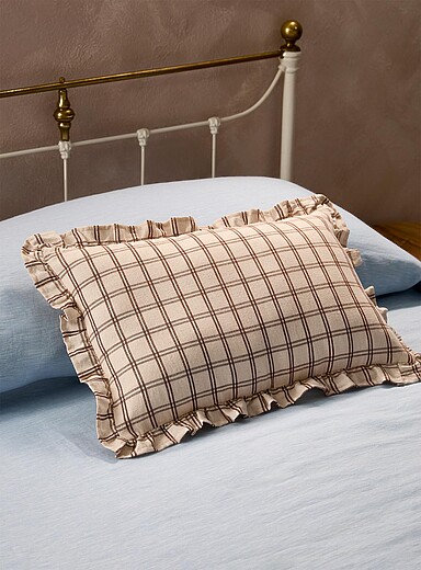 Simons Maison Patterned Brown Checkered ruffled linen-blend cushion 30 x 50 cm