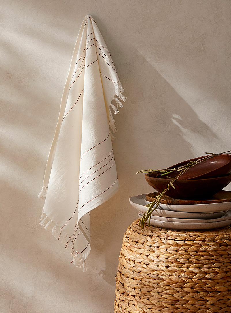 Simons Maison Ivory White Woven stipes organic cotton tea towel