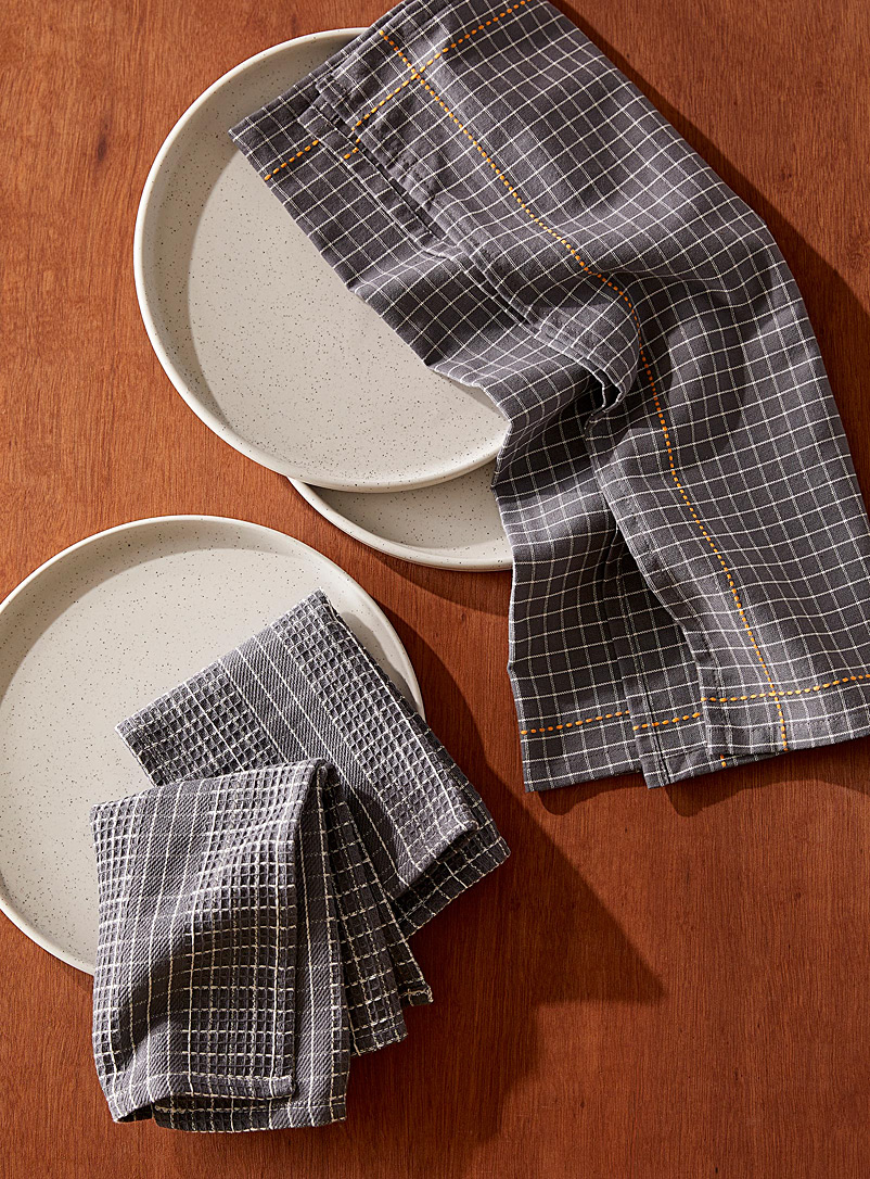 Simons Maison Patterned Grey Coloured windowpane check organic cotton tea towels