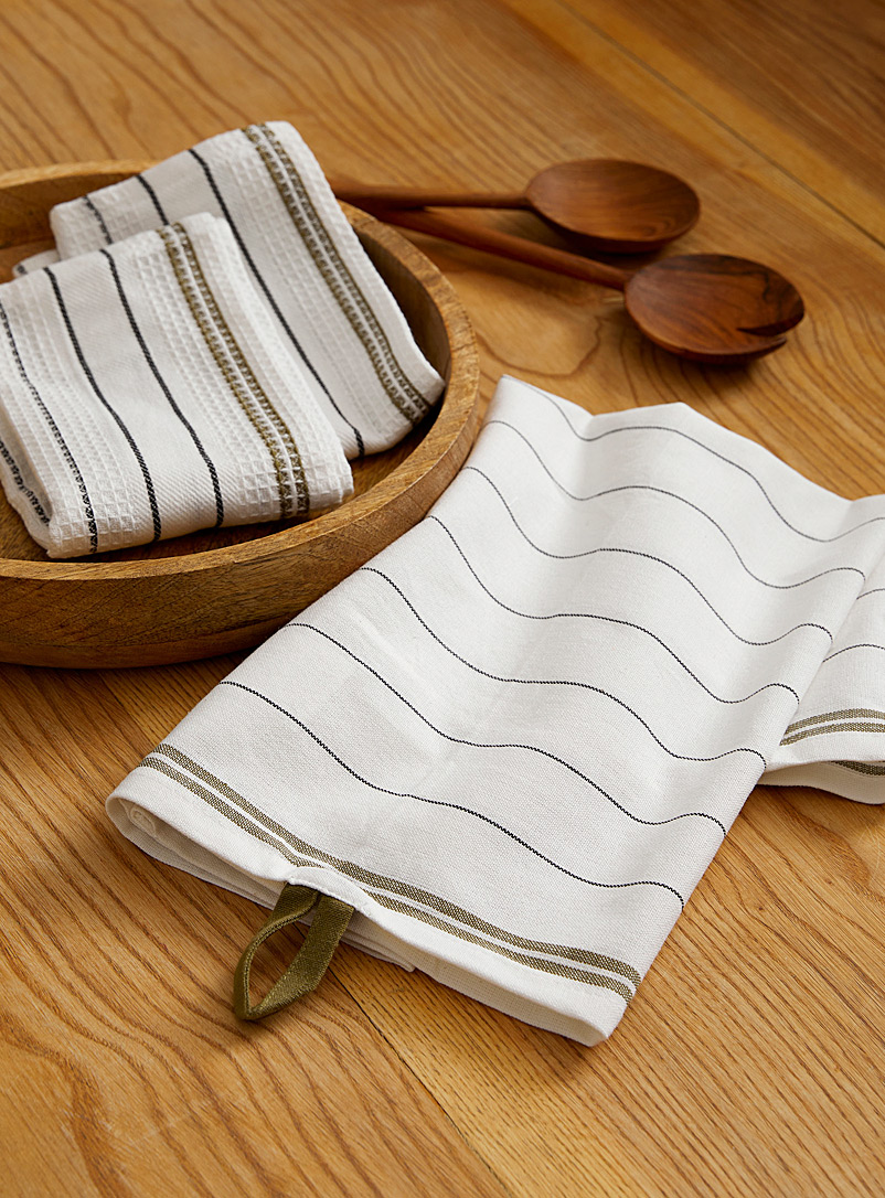 Simons Maison Patterned White Pinstriped organic cotton tea towels
