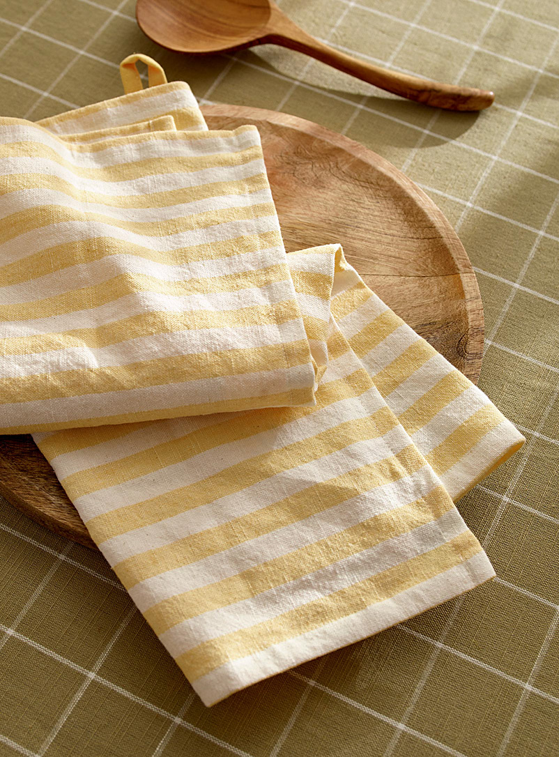 Simons Maison Patterned Yellow Sunny stripes cotton and linen tea towel