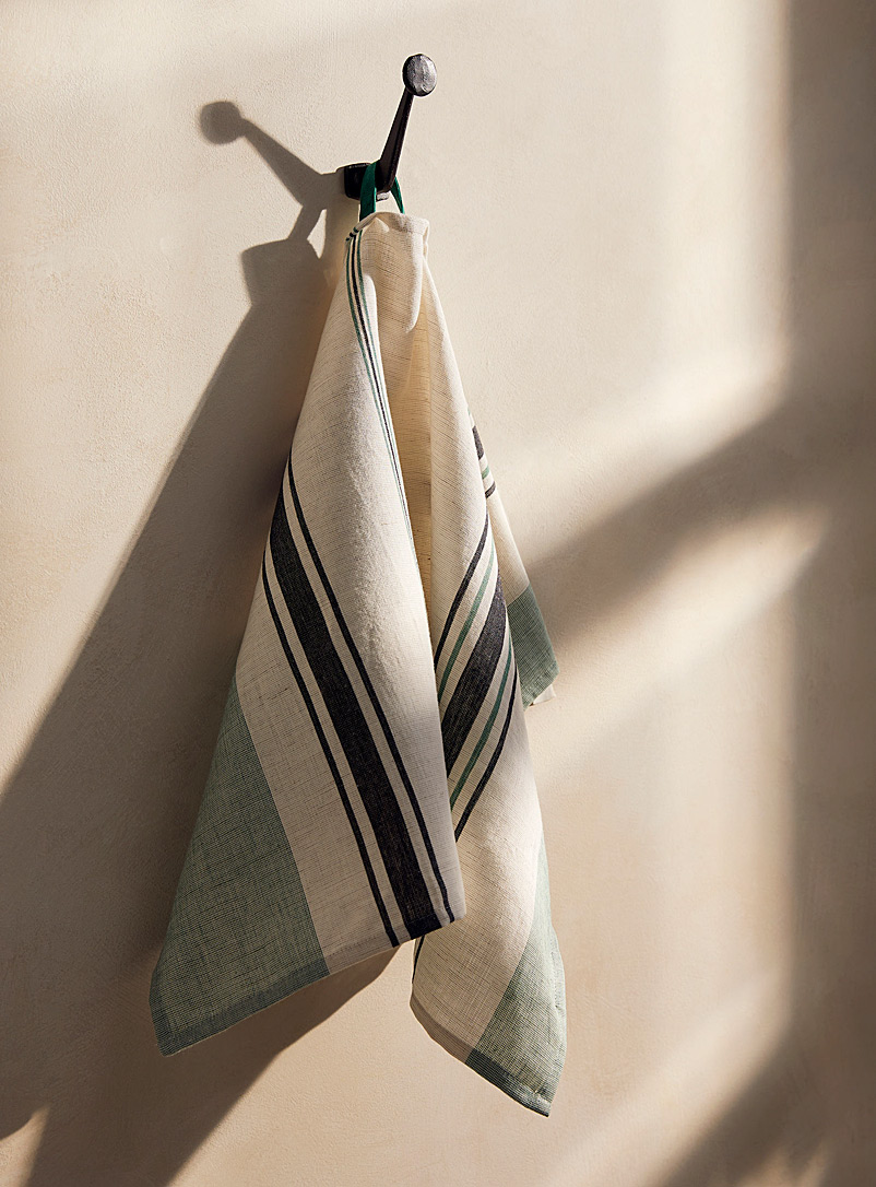 Simons Maison Patterned Green Faded stripes organic cotton and linen tea towel