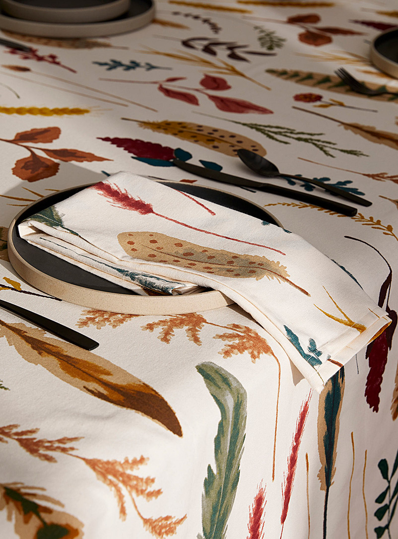 Simons Maison: La serviette de table coton recyclé feuilles et plumes d'automne Assorti