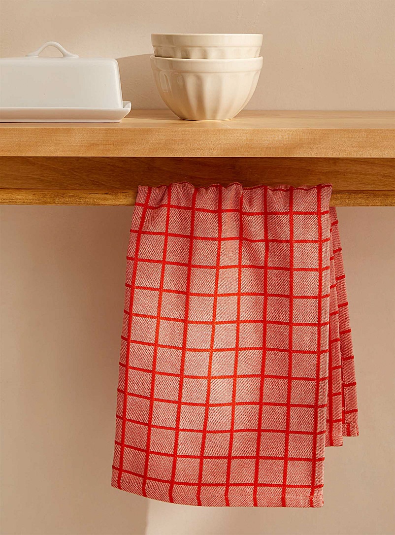 Simons Maison Pink Red windowpane checks organic cotton tea towel