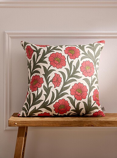 Simons Maison: Le coussin d&eacute;houssable fleurs corail m&eacute;lange de lin 50 x 50 cm Vert &agrave; motifs