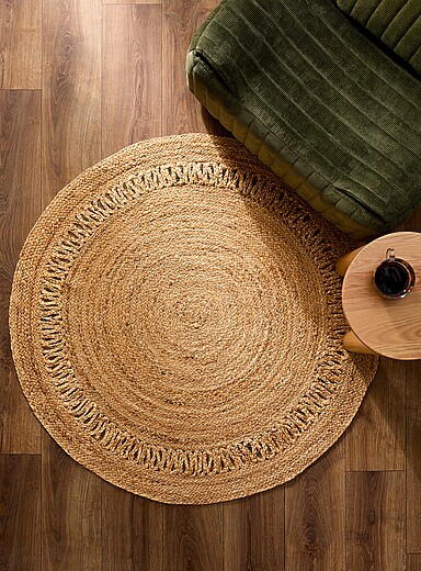 Le tapis circulaire d&eacute;tails ajour&eacute;s jute tress&eacute; 120 cm de diam&egrave;tre