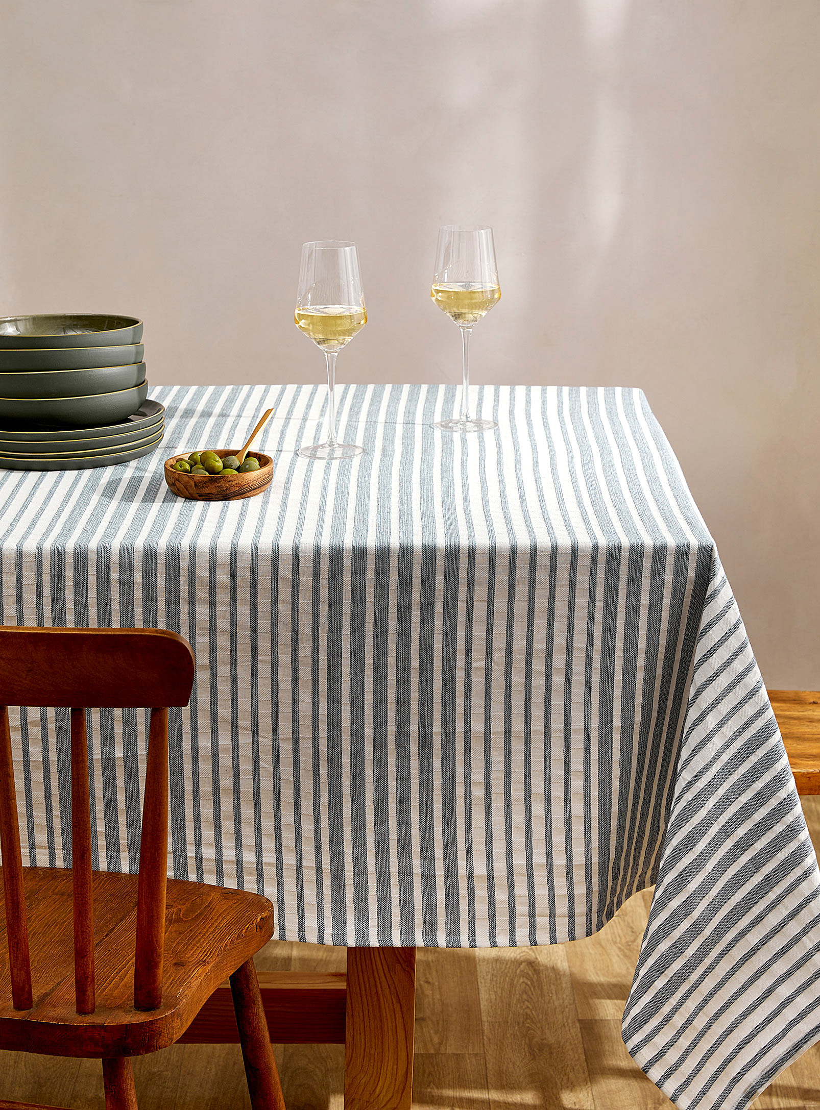 Simons Maison Ocean Stripes Recycled Cotton Tablecloth In Patterned White