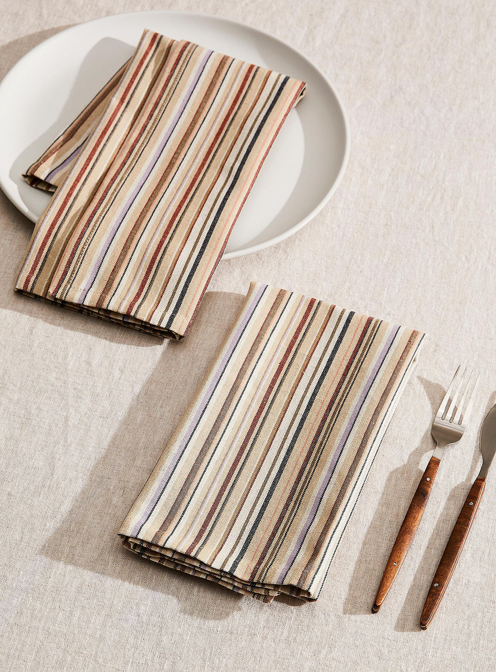 Simons Maison - Les serviettes de table coton recyclé rayures naturelles Ensemble de 2