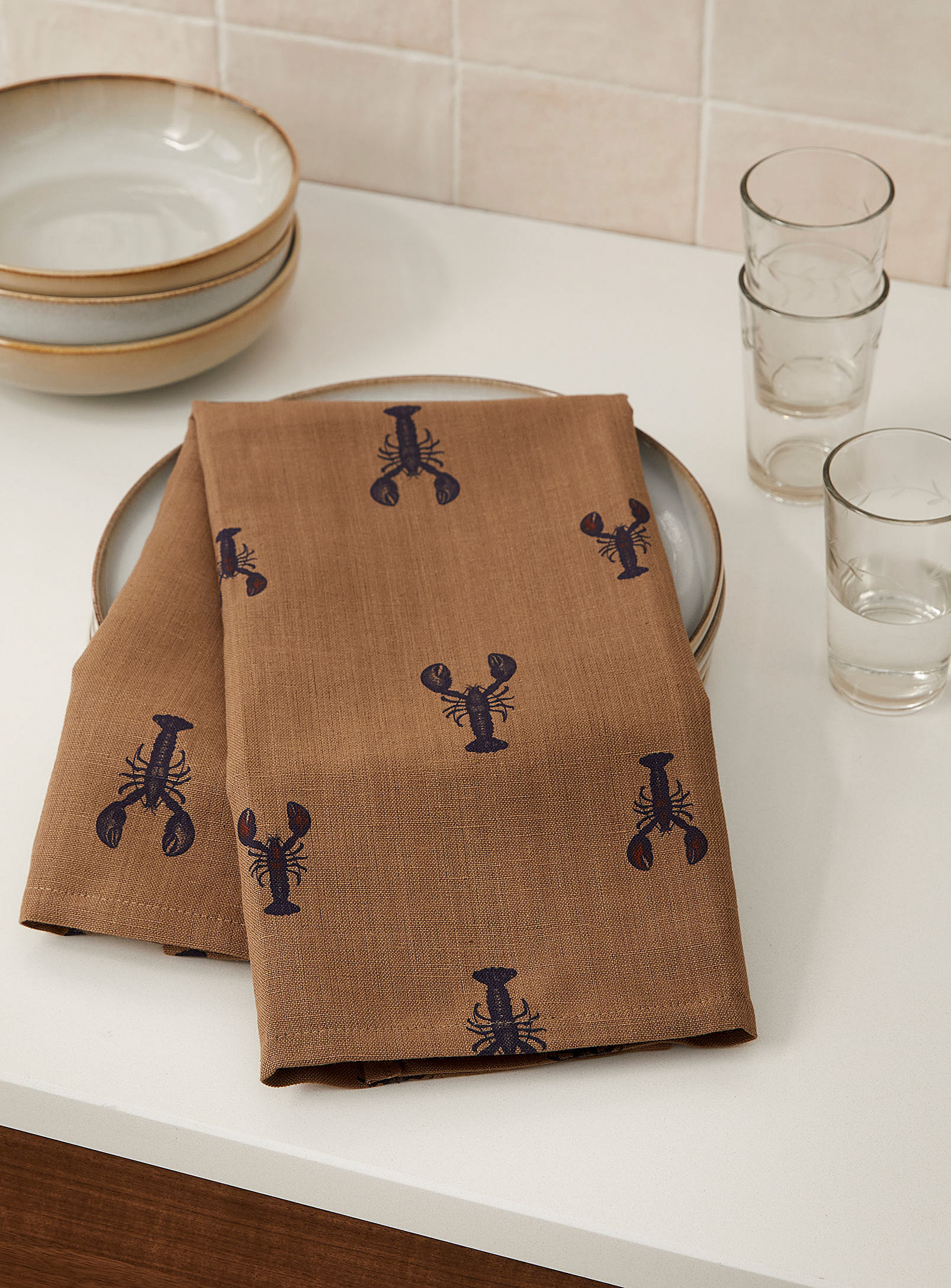Simons Maison Lobsters Linen And Organic Cotton Tea Towel In Brown