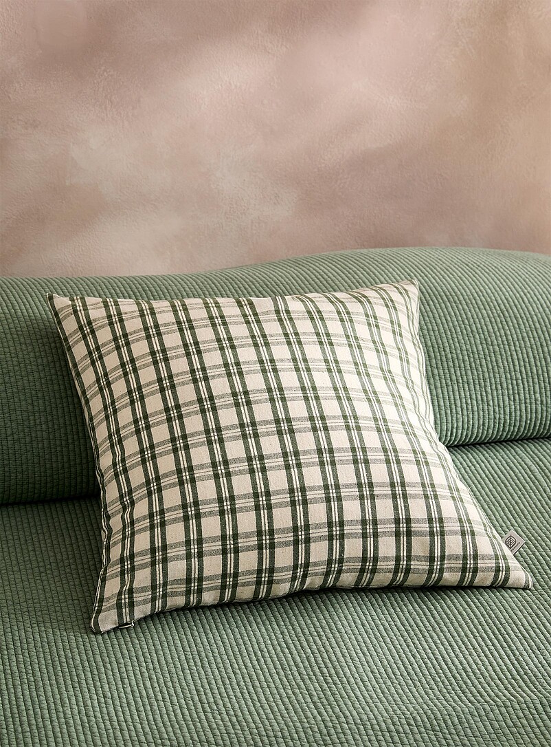 Green Checkers Linen-Blend Removable-Cover Cushion 50 X 50 Cm