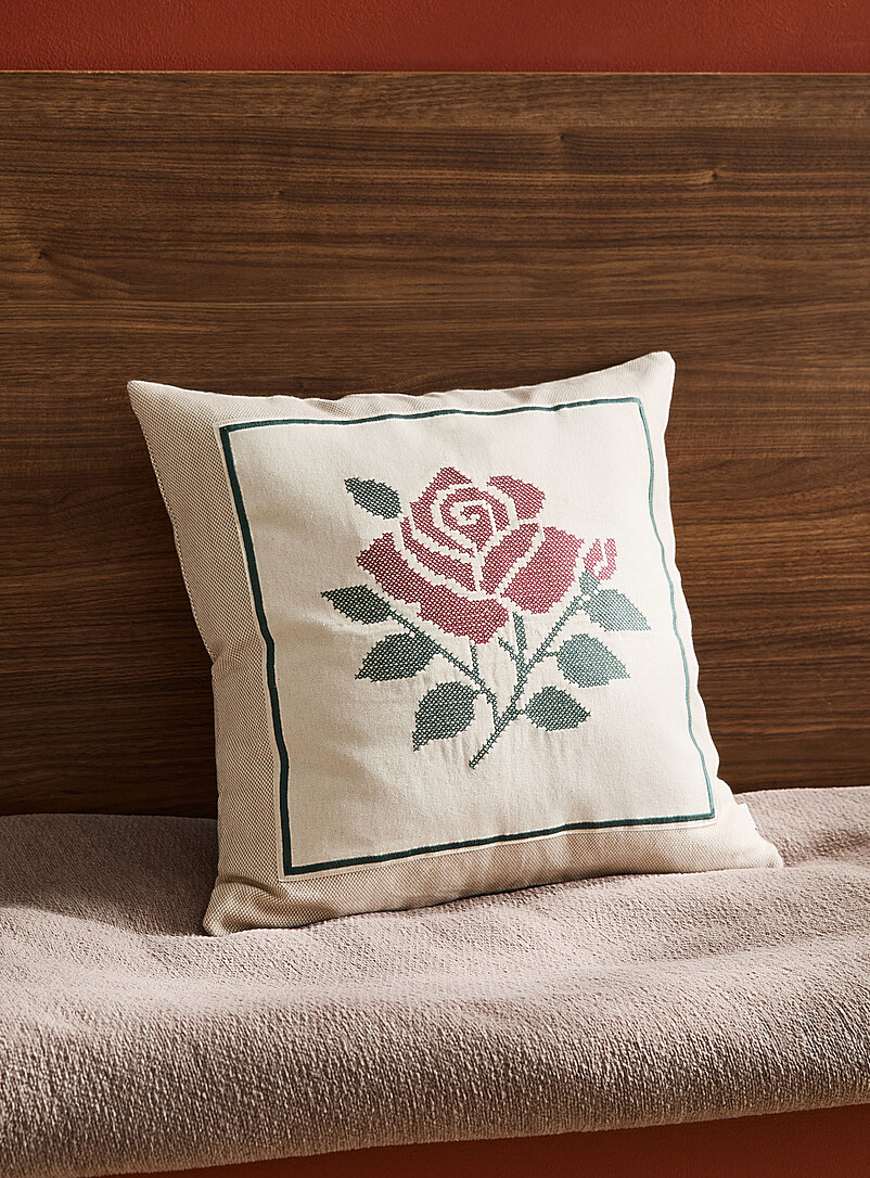 Embroidered Rose Basket Weave Removable-Cover Cushion 50 X 50 Cm