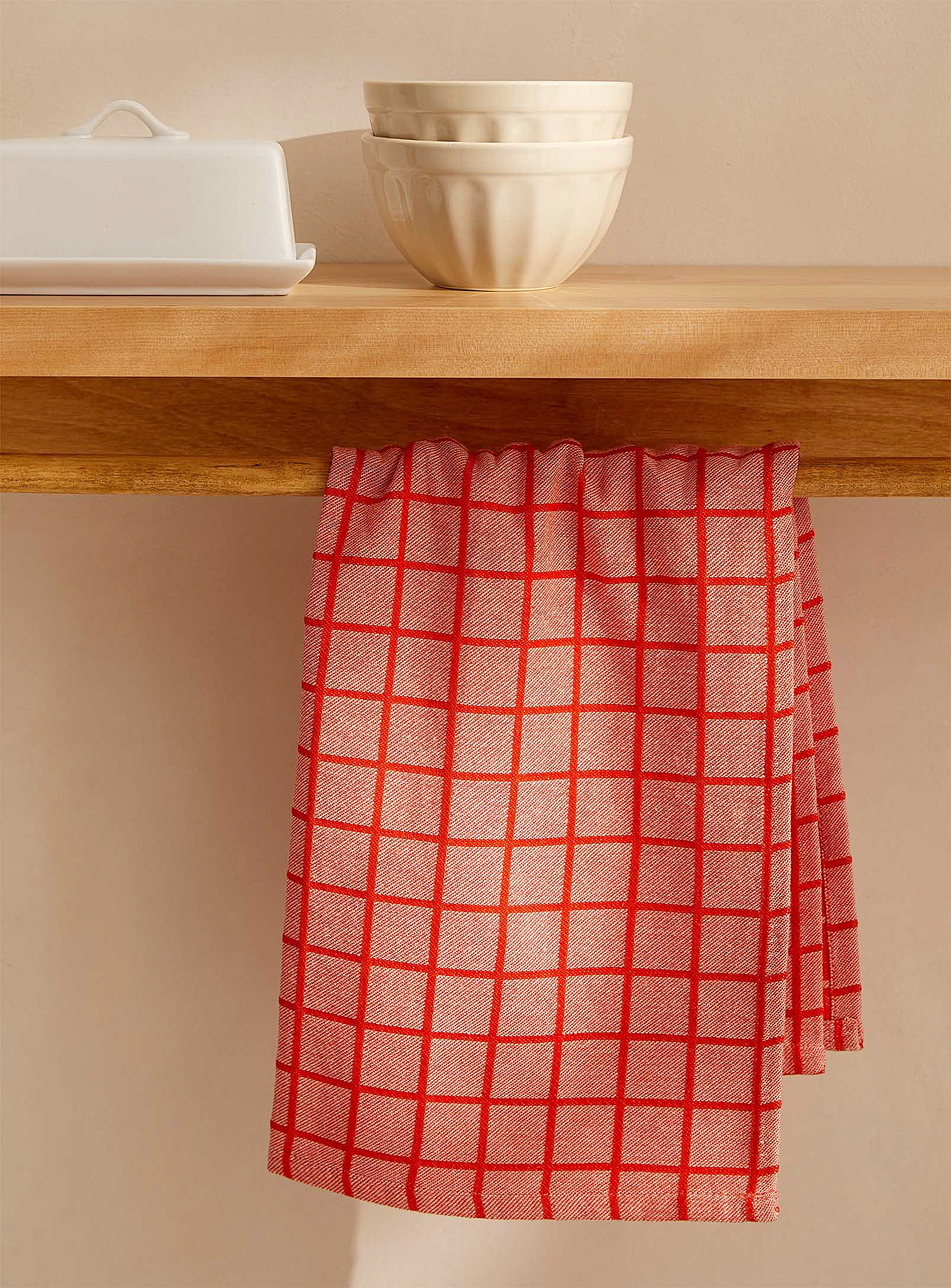 Simons Maison Red Windowpane Checks Organic Cotton Tea Towel In Multi