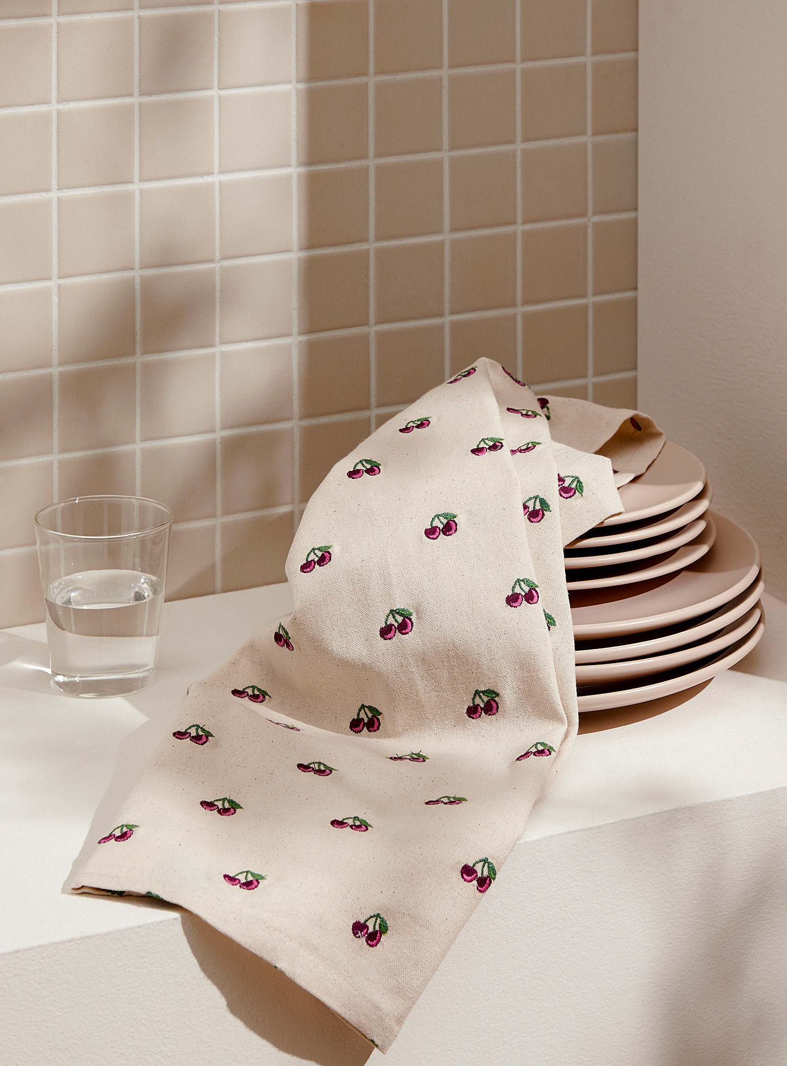 Simons Maison - Embroidered cherries organic cotton tea towel