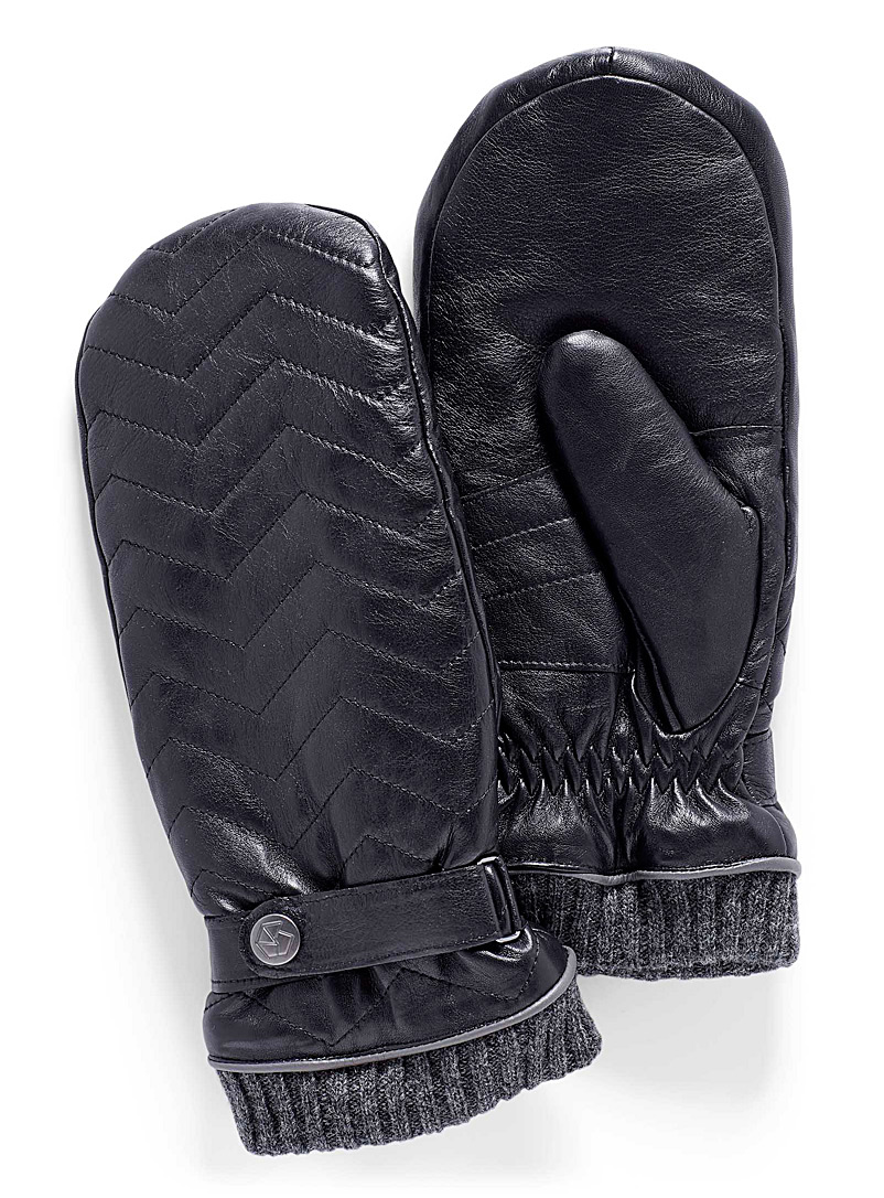 Brume Black Herringbone leather mittens for men