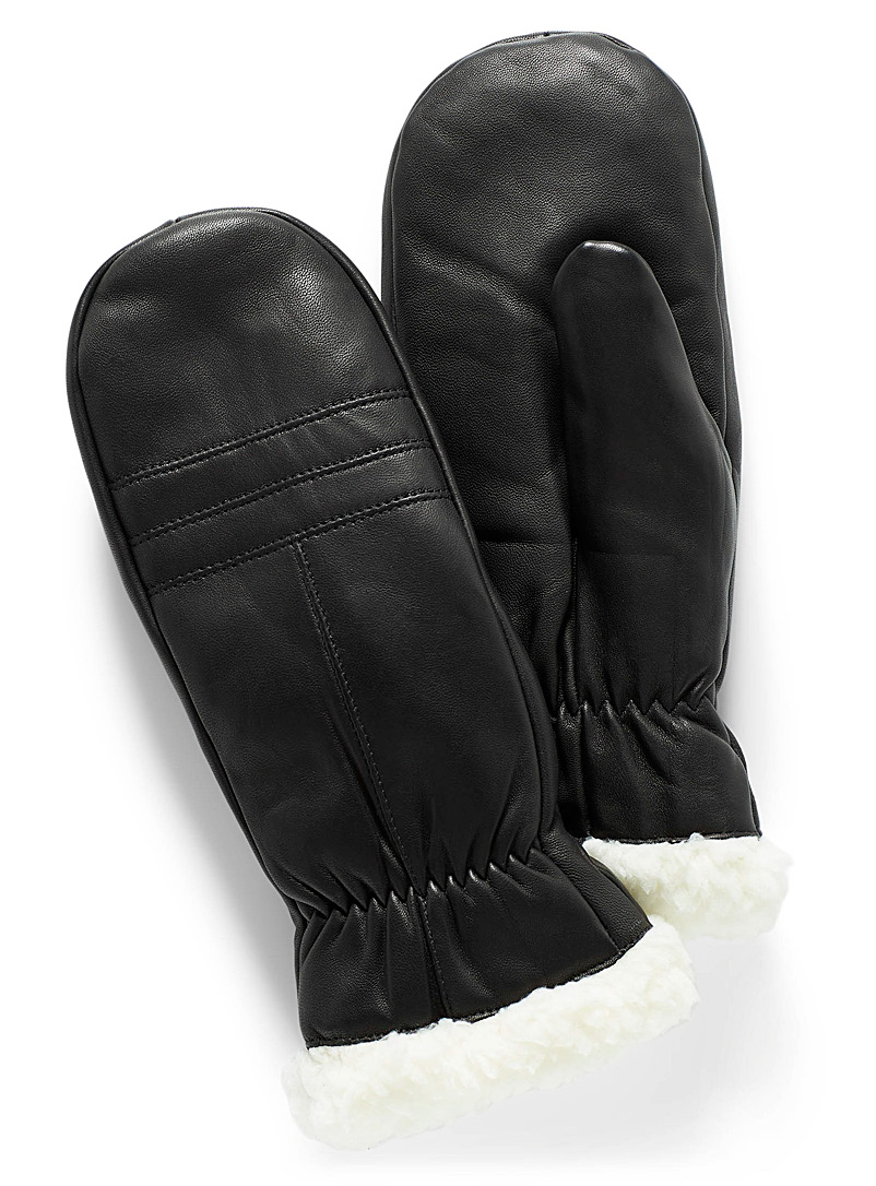 Brume Black Colwood sherpa cuff leather mittens for women