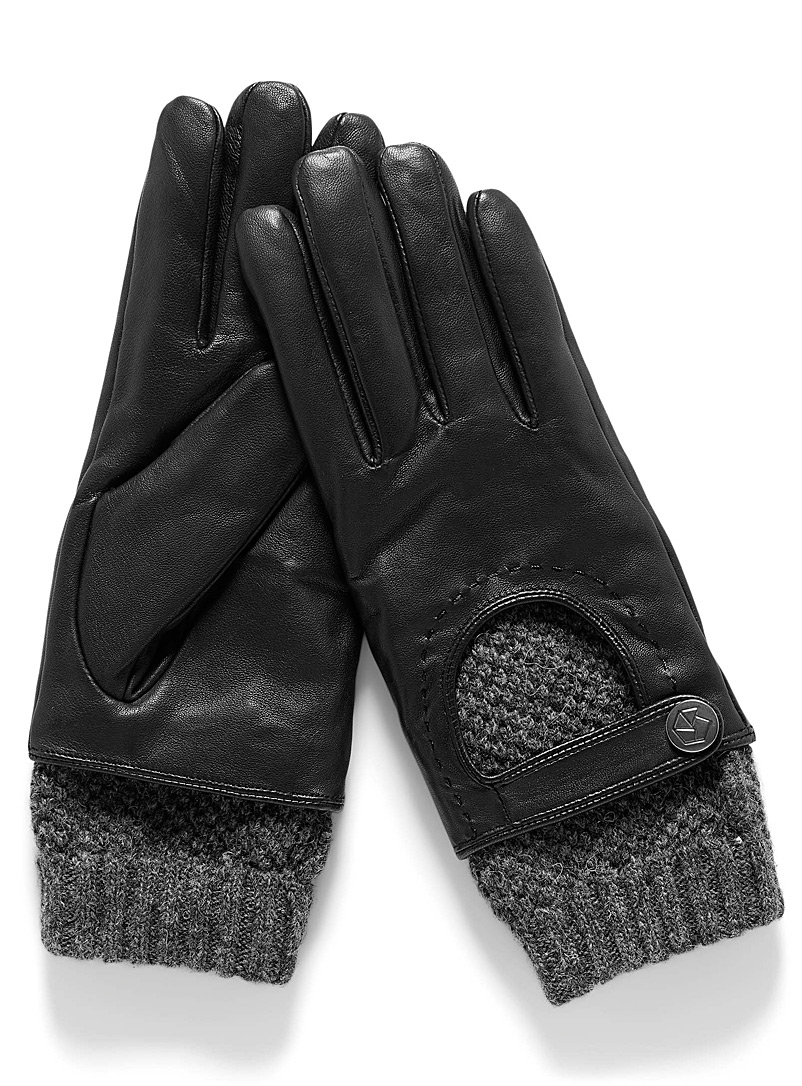 Brume: Le gant cuir doublée tricot Noir pour femme