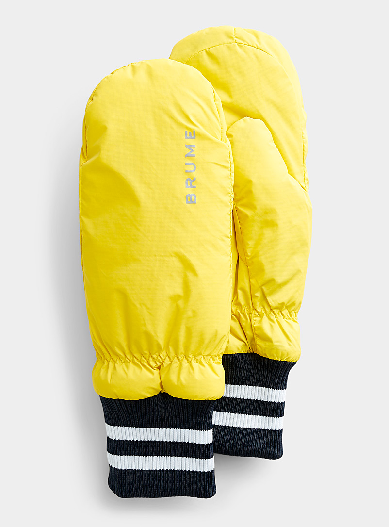 Brume Light Yellow Striped-cuff recycled nylon mittens for women