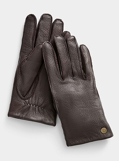 Brume Chocolate/Espresso Cashmere knit-lined pebbled leather gloves for men