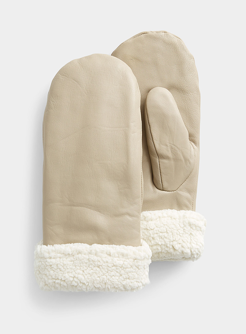 Brume Cream Beige Sherpa cuff smooth leather mittens for women