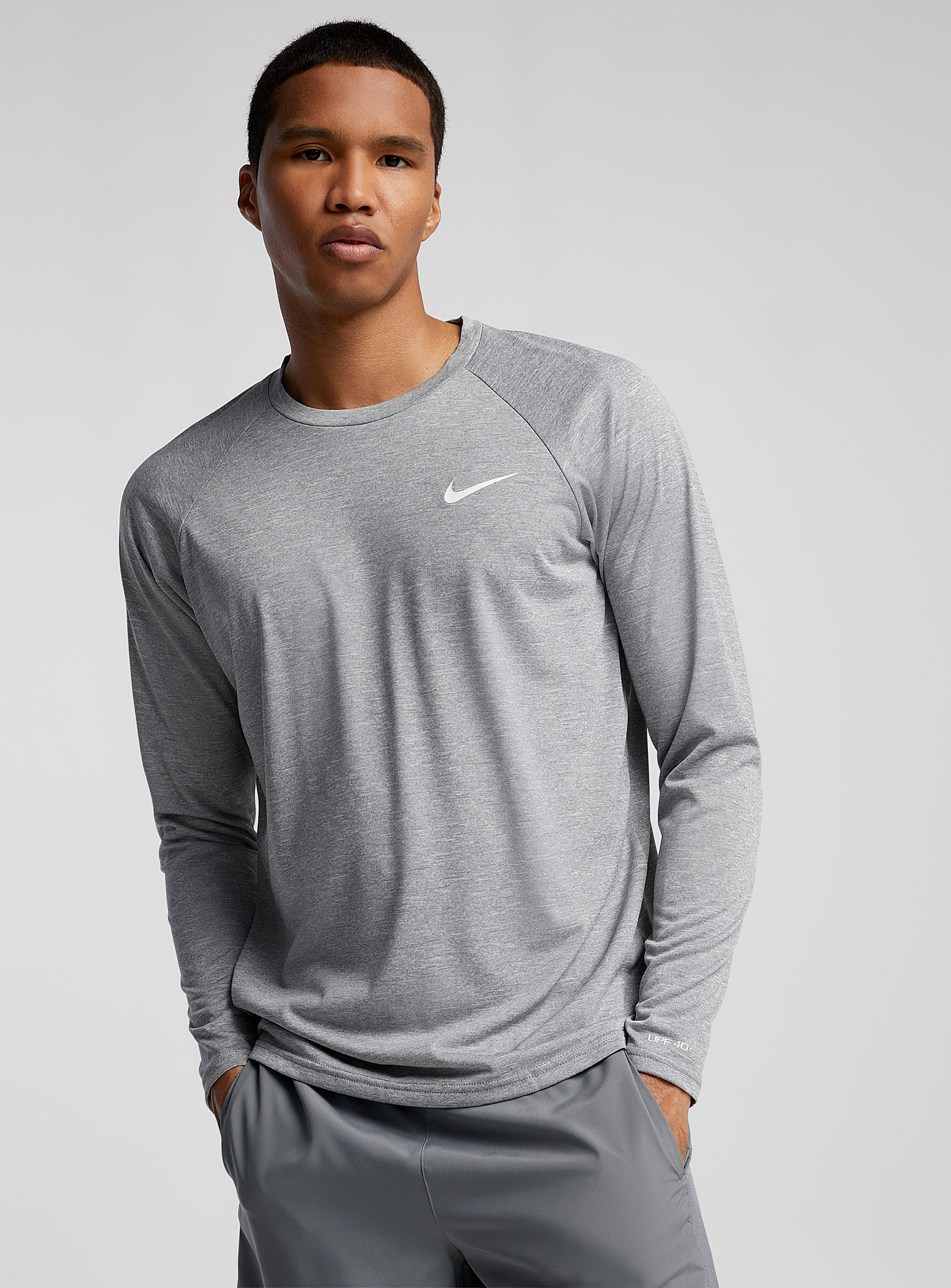 Nike Swim Heathered Long-sleeve Rashguard T-shirt In Grey