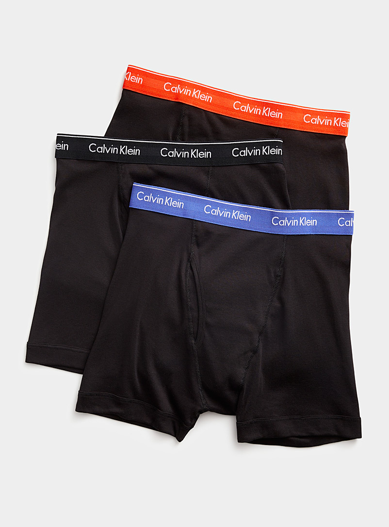 Calvin Klein: Les boxeurs longs pur coton noirs Emballage de 3 Noir à motifs pour homme