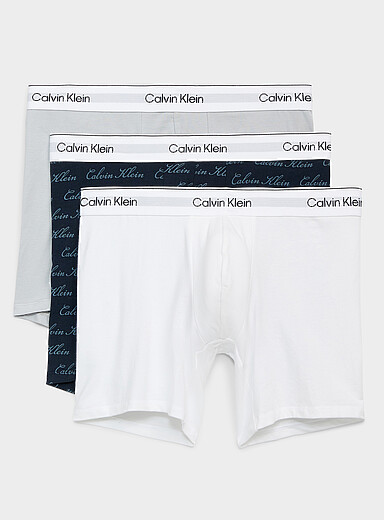 Calvin Klein: Les boxeurs longs blanc/bleu/gris 6 po Emballage de 3 Noir &agrave; motifs pour homme