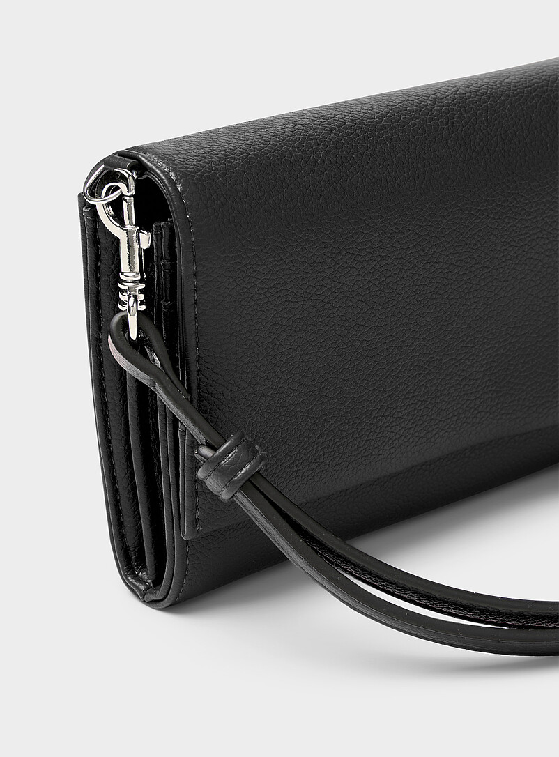 Simons: Le portefeuille pliable grenu &agrave; bandouli&egrave;re Noir pour femme