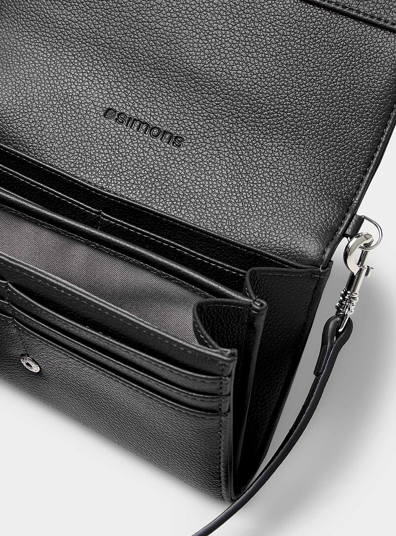 Simons: Le portefeuille pliable grenu &agrave; bandouli&egrave;re Noir pour femme
